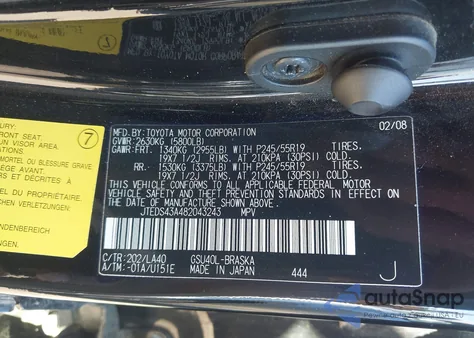 2008 Toyota Highlander Sport from USA, damaged, VIN JTEDS43A482043243